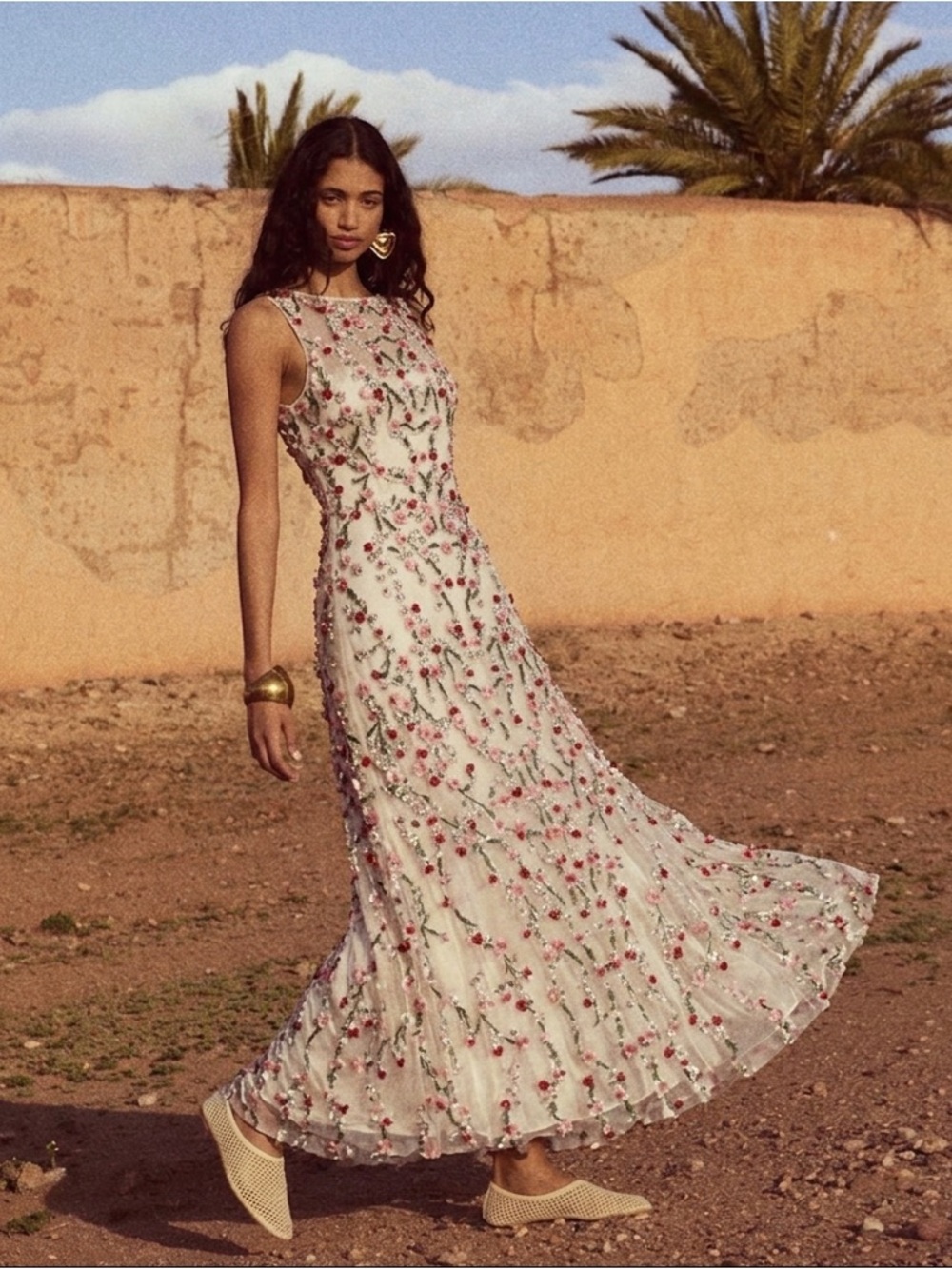 Rachel Gilbert Ivory Maxi Dress with Pink Floral Embroidery